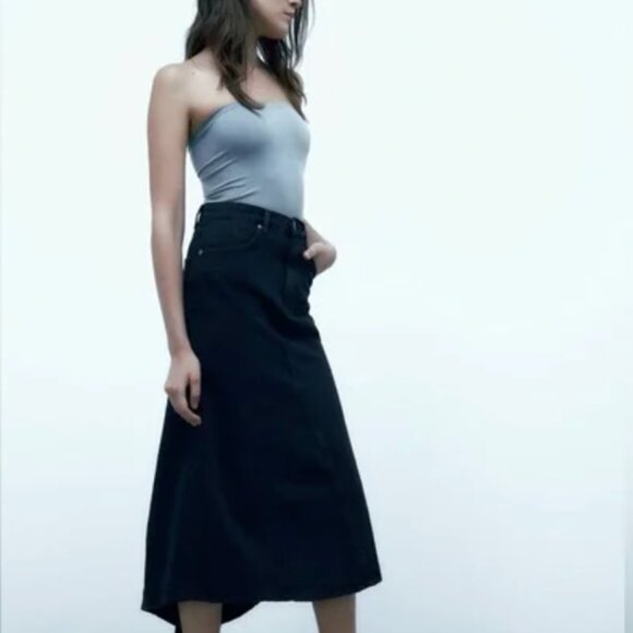 ZARA High Rise Five Pocket Denim Midi Fishtail Skirt Dark Navy Blue Large - Picture 6 of 13